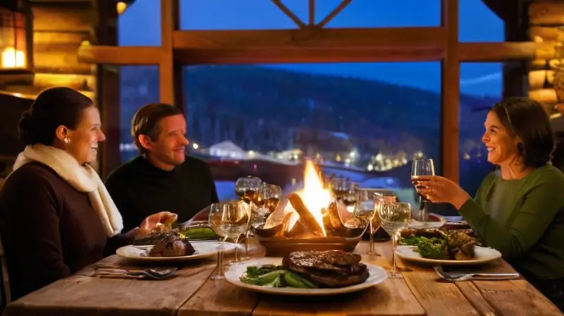 Una acogedora mesa rústica en un restaurante de montaña ofrece platos humeantes de carnes y verduras, rodeada de un ambiente cálido y risas