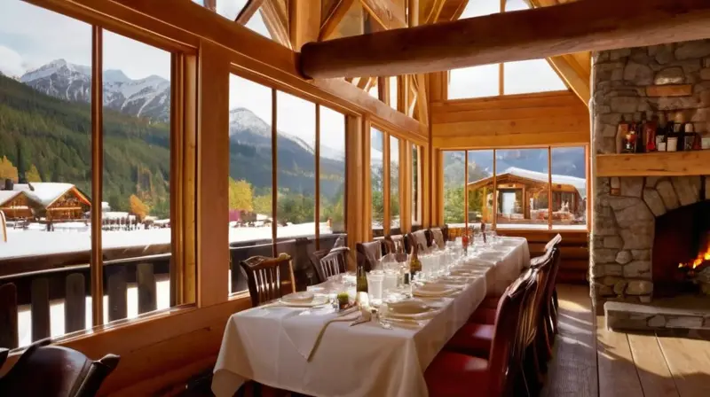 Un acogedor chalet de madera con vistas a montañas nevadas ofrece un ambiente animado y elegante, donde los comensales disfrutan de platos gourmet y vino en un entorno cálido y acogedor