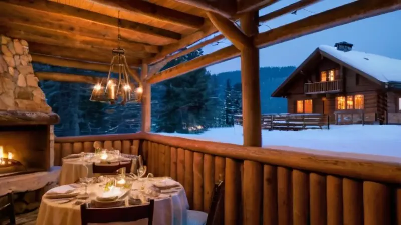 Un acogedor chalet de madera con luz cálida y comida deliciosa