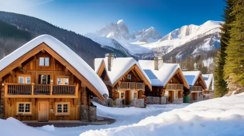 Un paisaje invernal con montañas nevadas, esquiadores felices y cabañas acogedoras