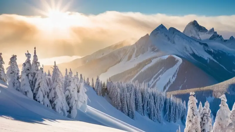 Un paisaje invernal de montañas nevadas, esquiadores coloridos y un acogedor resort de esquí