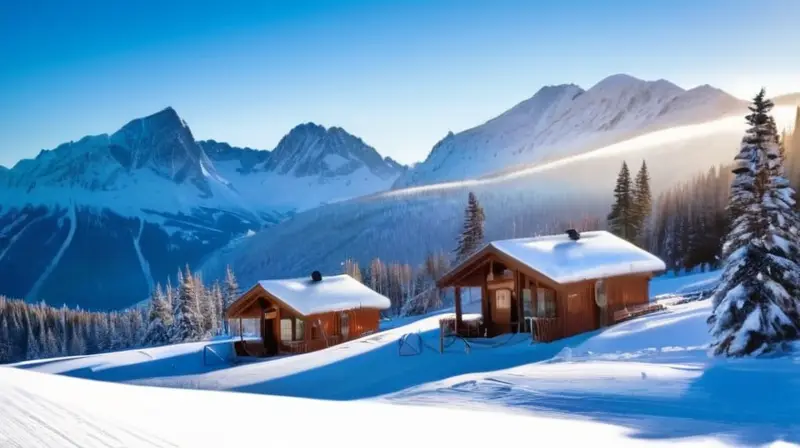 Un paisaje invernal sereno con esquiadores en pendientes nevadas, montañas al fondo y cabañas de madera