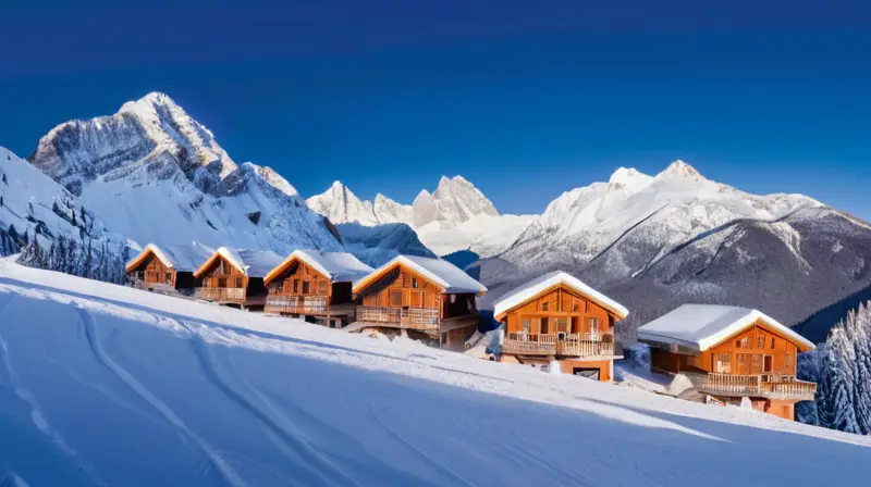 Un paisaje invernal con montañas nevadas, esquiadores en acción y una atmósfera vibrante de aventura