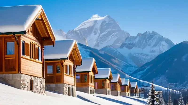 Un paisaje invernal con montañas nevadas, esquiadores coloridos y cabañas acogedoras bajo un cielo azul