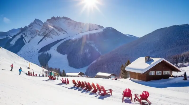 Un acogedor resort de esquí con paisajes nevados, familias esquiando y un ambiente festivo