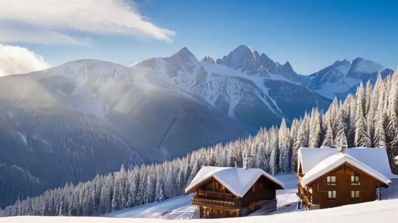 Un paisaje invernal vibrante con nieve brillante, esquiadores coloridos y cabañas acogedoras bajo un cielo azul