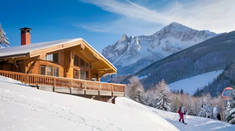 Un acogedor resort familiar invernal con paisajes nevados, familias esquiando y un ambiente alegre