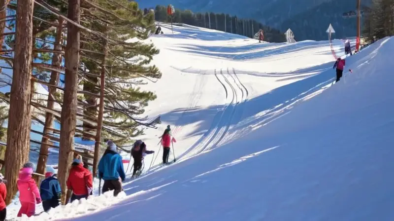 Un paisaje invernal alegre con familias esquiando