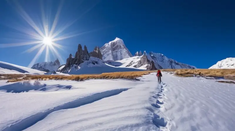 Un paisaje montañoso nevado con un figura solitaria en equipo naranja