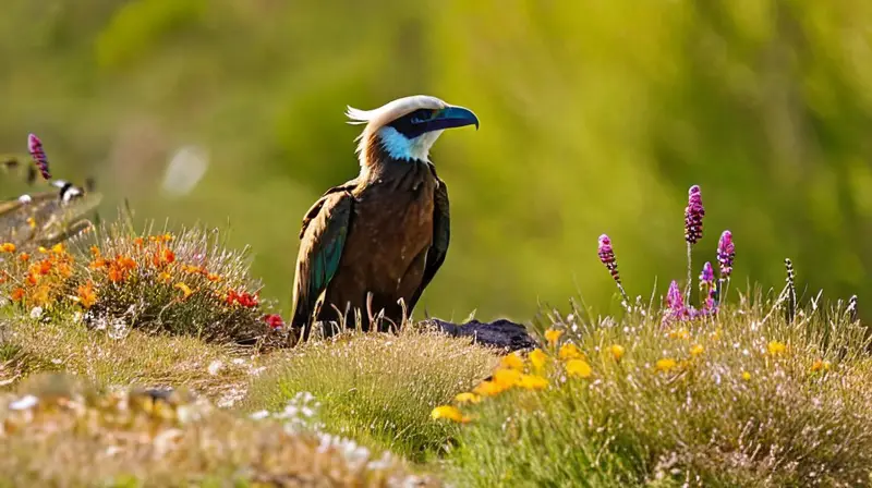 Un paisaje natural sereno y vibrante, lleno de montañas, fauna diversa y un lago reflejante