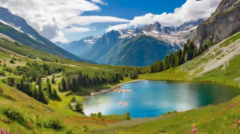 Una vista panorámica de los Pirineos muestra majestuosas montañas nevadas, valles verdes con flores silvestres, un cielo azul y un lago sereno, creando una atmósfera tranquila y vibrante