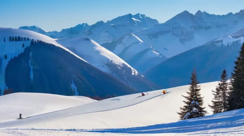 Un paisaje invernal alegre con familias esquiando en laderas nevadas bajo un cielo azul brillante