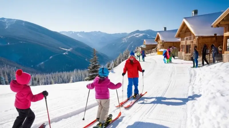 Un día invernal alegre con familias esquiando, niños riendo y disfrutando de la nieve bajo un cielo azul