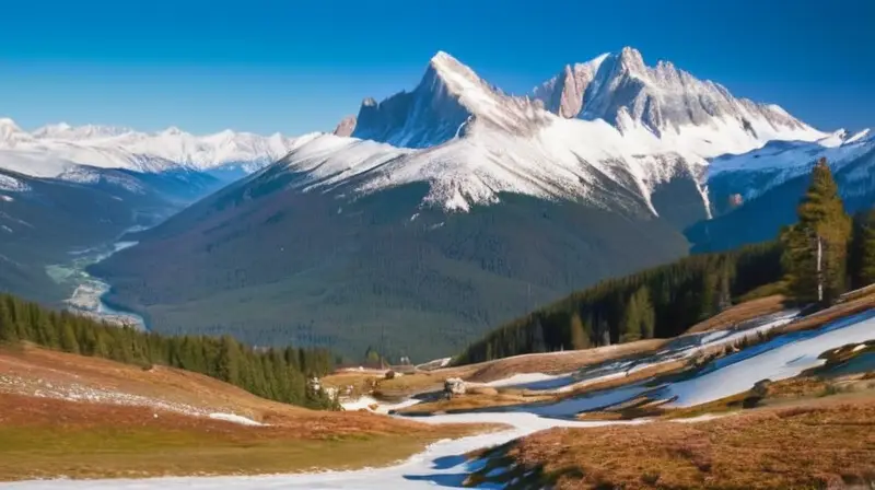 Un paisaje alpino sereno y dinámico con montañas nevadas, un camino, una cabaña humeante y esquiadores en un cielo azul