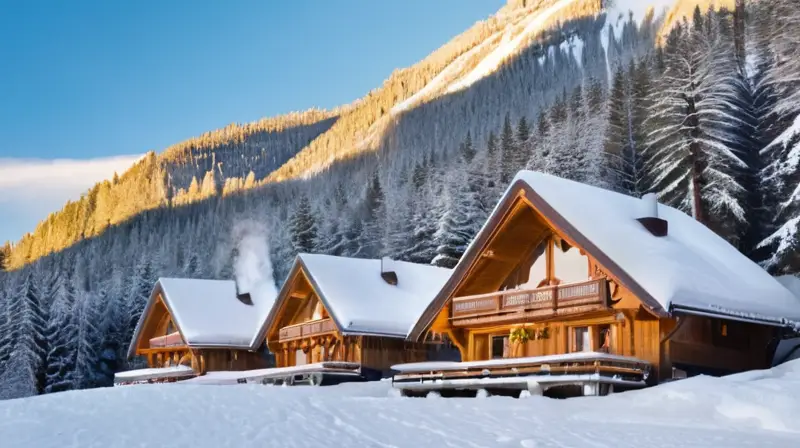 Un paisaje invernal idílico con montañas nevadas, chalets rústicos, termas humeantes y esquiadores en un entorno sereno