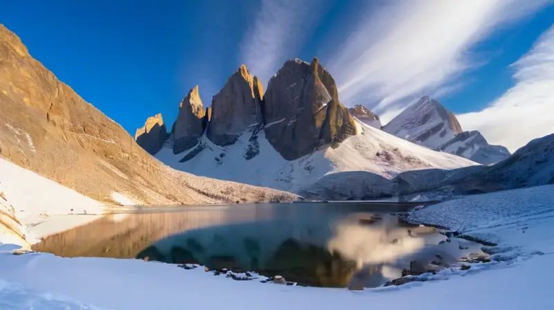 Un paisaje montañoso nevado evoca belleza y peligro, con picos afilados, un lago helado, huellas de excursionistas y un ambiente de aislamiento