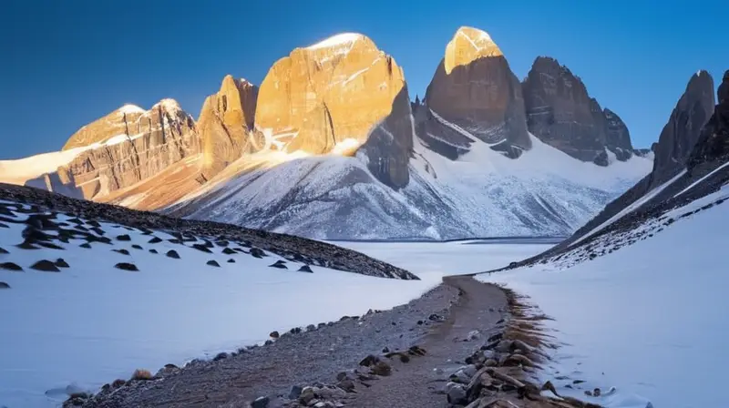 Un paisaje montañoso áspero con picos afilados, nieve brillante, escaladores determinados y un ambiente de aislamiento y peligro