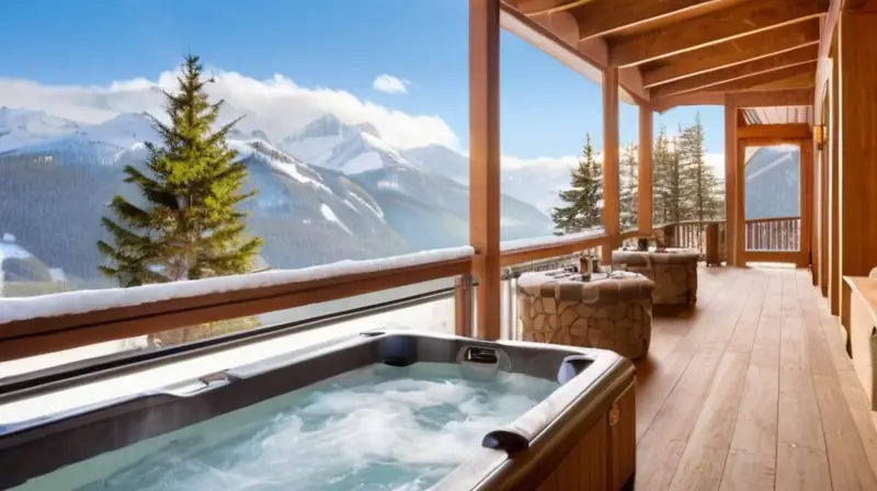 Un paisaje invernal con montañas nevadas, esquiadores, un acogedor spa de madera y un ambiente relajante