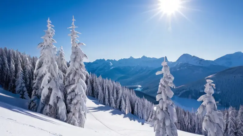 Un paisaje invernal muestra montañas nevadas, esquiadores en acción y un acogedor refugio entre los árboles