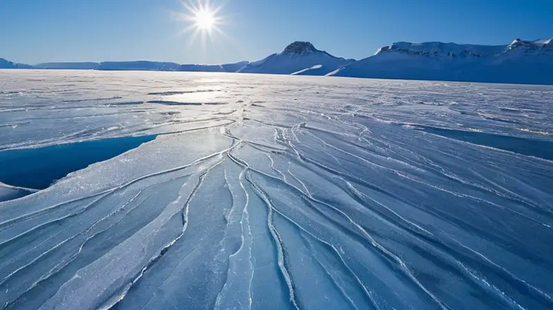 Un vasto paisaje helado brilla bajo la luz invernal, con intrincadas grietas y contrastes de blanco y azul