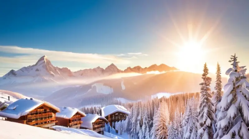 Un paisaje invernal sereno con montañas nevadas, esquiadores coloridos y cabañas acogedoras