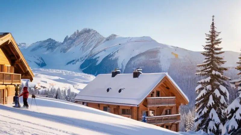 Un paisaje invernal con montañas nevadas, esquiadores coloridos, cabañas acogedoras y un ambiente festivo