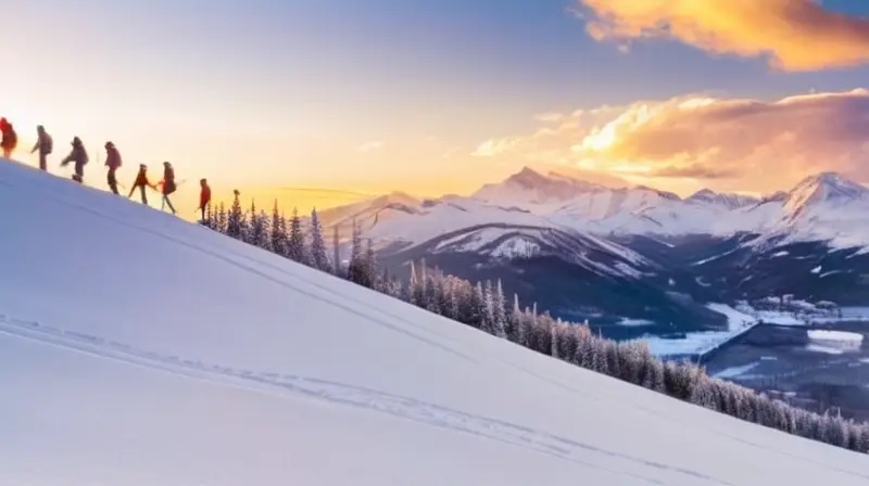 Un paisaje invernal vibrante con esquiadores, montañas nevadas y acogedoras cabañas que evoca la esencia de los deportes de invierno