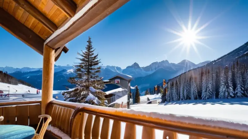 Un vibrante paisaje invernal se despliega con montañas nevadas, esquiadores en coloridos trajes y acogedoras cabañas