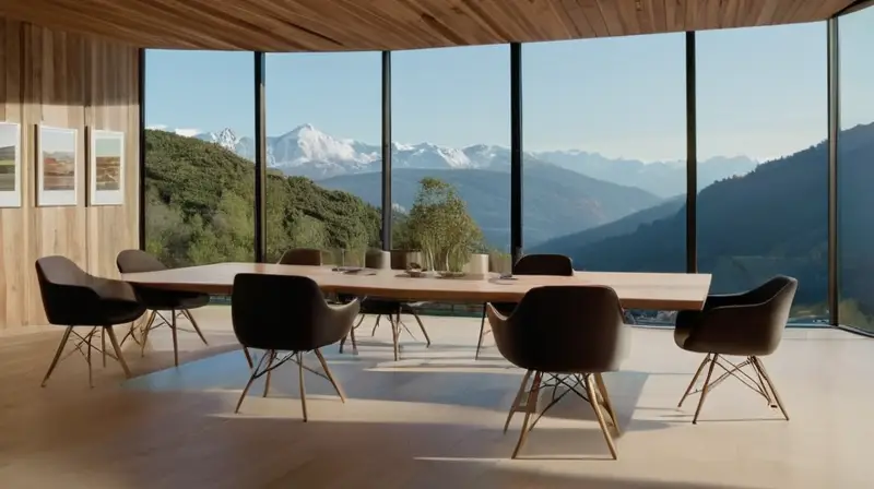 Una oficina moderna y luminosa con paredes de vidrio, muebles minimalistas, vistas a montañas nevadas y un ambiente que fusiona tecnología y naturaleza