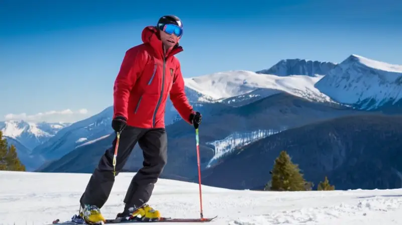 Dos hombres en equipo de esquí, uno con chaqueta oscura y otro con abrigo rojo, posan en un paisaje montañoso nevado bajo un cielo azul