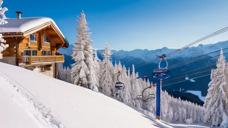 Un paisaje invernal vibrante con montañas nevadas, esquiadores en acción y un ambiente alegre