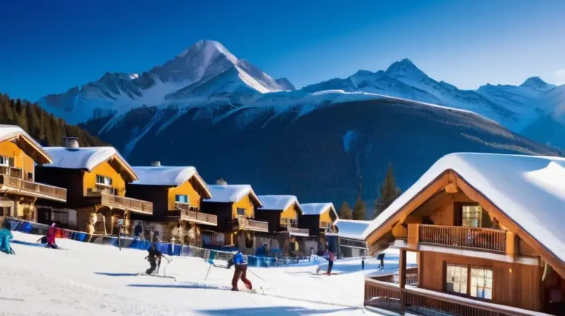 Un vibrante paisaje montañoso nevado con esquiadores