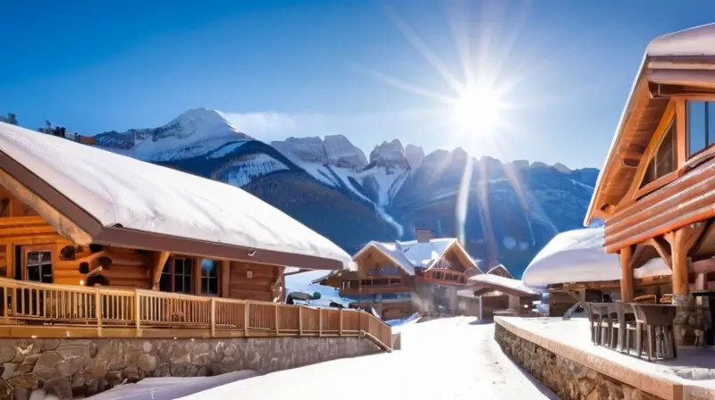 Un paisaje invernal con montañas nevadas, chalets acogedores, esquiadores en acción y un ambiente cálido y festivo