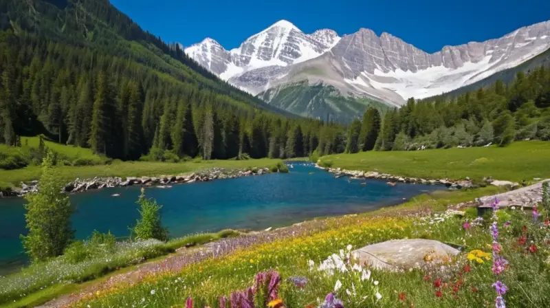 Un paisaje montañoso impresionante con picos nevados, valles verdes, ríos brillantes y turistas disfrutando de la naturaleza