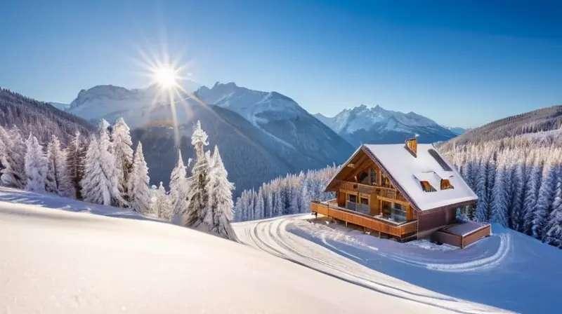 Un paraíso invernal sereno con esquiadores en pendientes nevadas, árboles altos, chalets acogedores y montañas majestuosas bajo un cielo azul