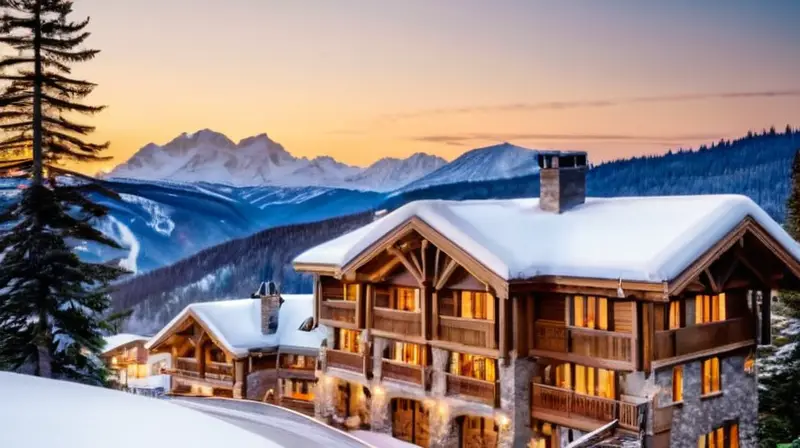 Un paisaje invernal de lujo con nieve, chalets acogedores, esquiadores coloridos y una atmósfera cálida y sostenible