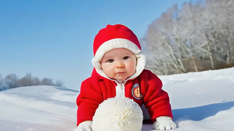 Un bebé en un traje rojo juega en un paisaje invernal sereno