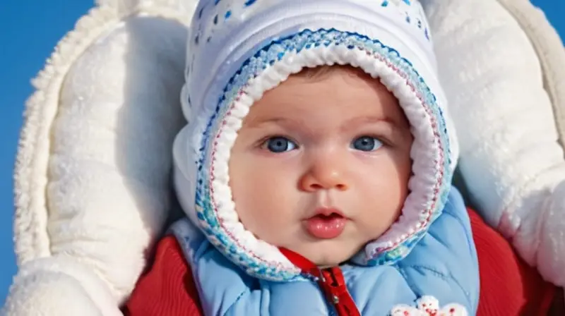 Un bebé regordete en un acogedor traje de nieve blanco juega en un paisaje invernal con árboles cubiertos de nieve y un cielo azul