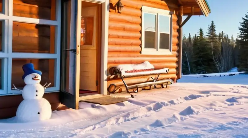 Una acogedora cabaña de madera en un paisaje nevado invita a disfrutar del invierno con niños jugando y un ambiente cálido y sereno