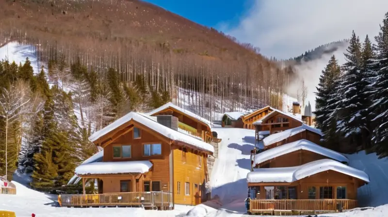 Un paisaje invernal vibrante con familias esquiando, risas de niños, cabañas acogedoras y un ambiente festivo