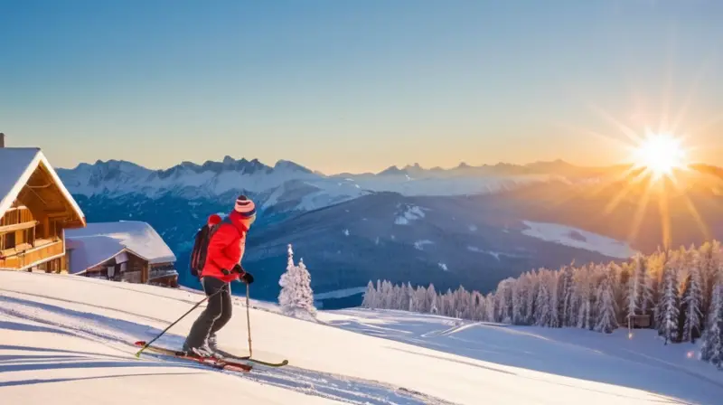 Un paisaje invernal vibrante con montañas nevadas, familias esquiando, niños jugando en la nieve y un ambiente de alegría y aventura