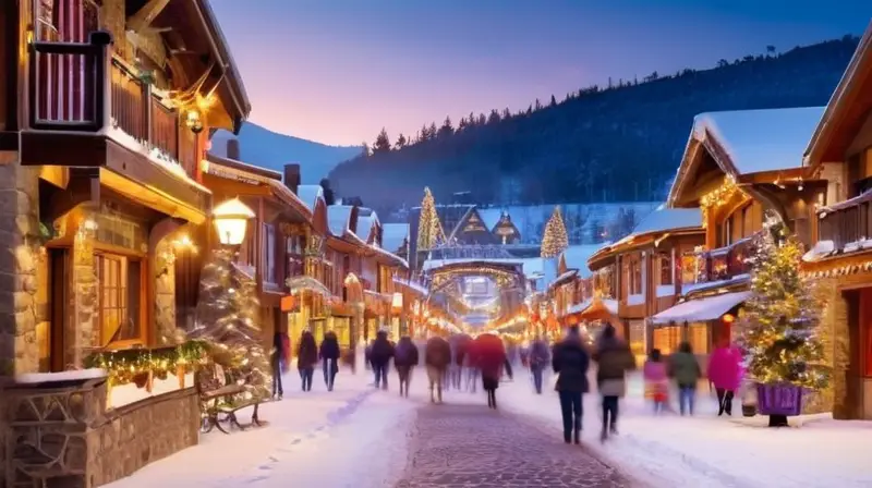 Un encantador pueblo nevado con luces cálidas