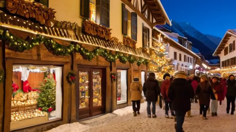 Una plaza navideña en Benasque, iluminada y decorada, llena de gente alegre, árboles y puestos festivos