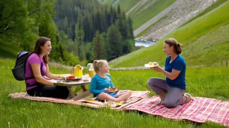 Un paisaje montañoso soleado con familias disfrutando de la naturaleza, haciendo senderismo y compartiendo un picnic