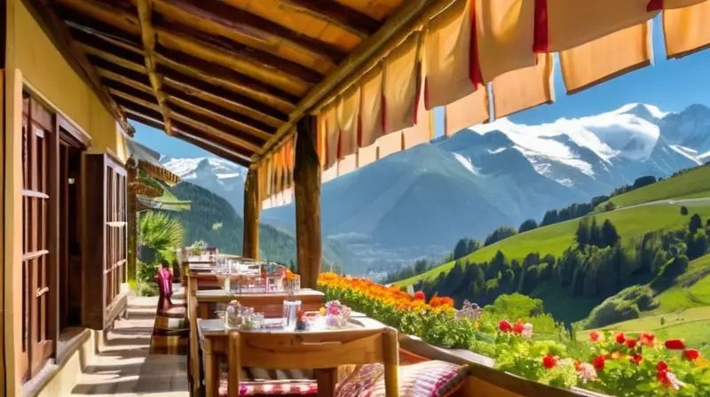 Un paisaje veraniego vibrante con montañas, chalets rústicos, familias disfrutando al aire libre y un ambiente festivo