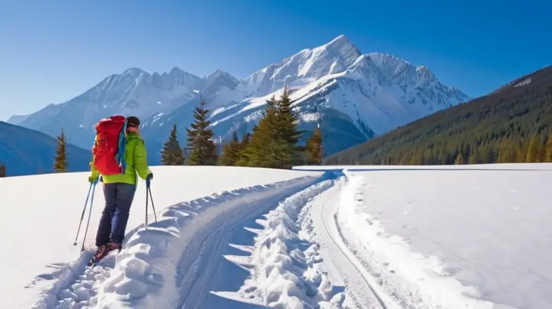 Un paisaje invernal con montañas nevadas, un sendero serpenteante, una familia jugando y un ambiente acogedor bajo un cielo azul