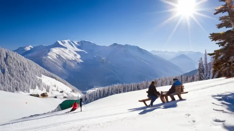 Un paisaje invernal vibrante con esquiadores, montañas majestuosas, cabañas acogedoras y un ambiente de aventura