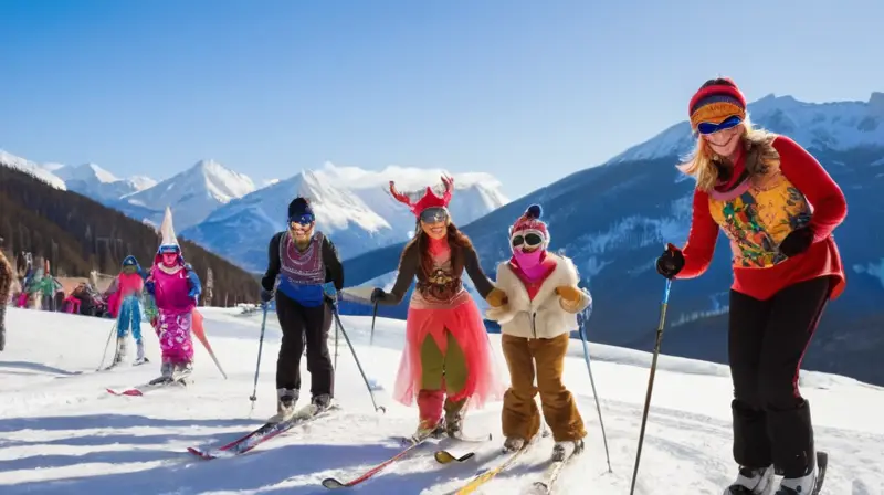 Un grupo diverso de personas con coloridos trajes y máscaras se divierte en un paisaje nevado bajo un cielo azul brillante