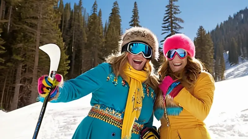 Un vibrante paisaje invernal lleno de amigos disfrutando con coloridos trajes y risas bajo un cielo azul