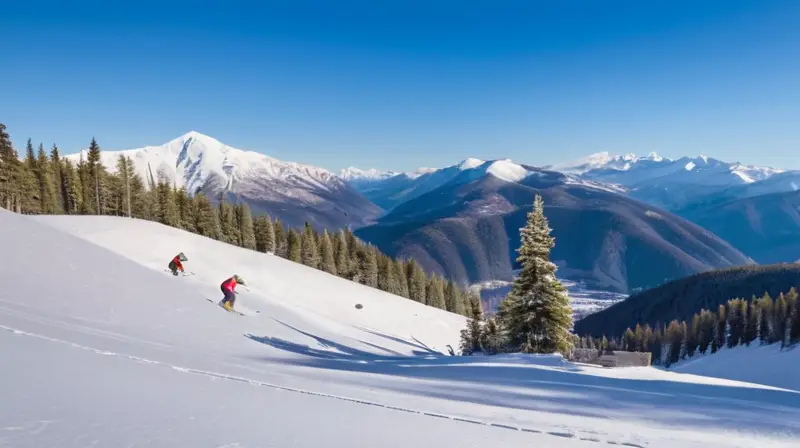 Un paisaje invernal de montañas cubiertas de nieve, esquiadores en acción y acogedoras cabañas